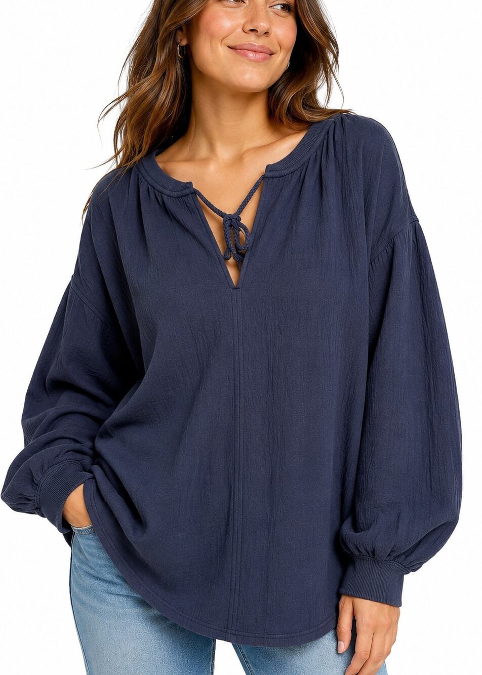 Aerie Oversized Textured Tassel Tie Pullover Balloon Sleeve Blue NWT M Boho